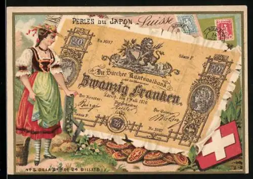 Sammelbild Perles du Japon, Frau in Tracht neben einem zwanzig schweizerische Franken-Schein