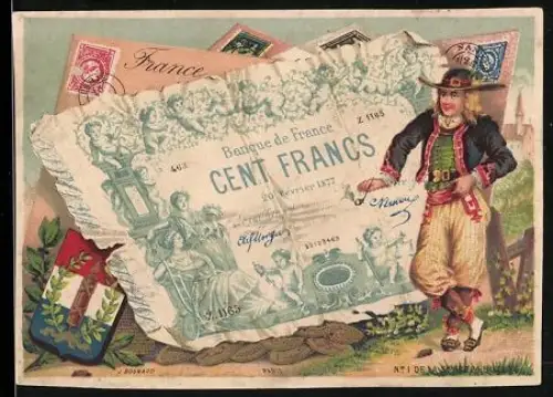 Sammelbild Mann mit Hut und Pfeife neben einem einhundert Francs-Schein