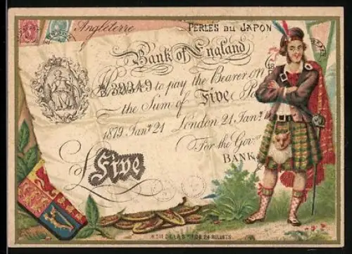 Sammelbild Perles du Japon, Mann im Kilt neben einem fünf Pfund Sterling-Schein