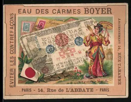 Sammelbild Eau des Carmes Boyer, Frau im Kimono neben einem japanischen Geldschein