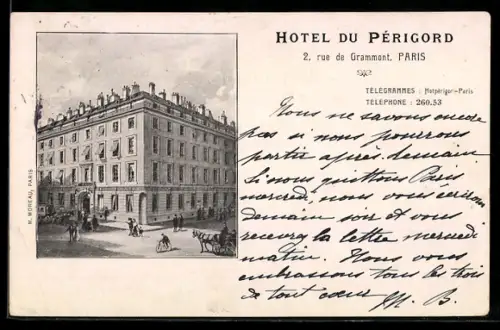 AK Paris, Hôtel du Périgord, 2 rue de Grammont, vue du bâtiment et de la rue animée