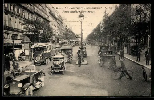 AK Paris, Le Boulevard Poissonnière avec voitures et passants animés