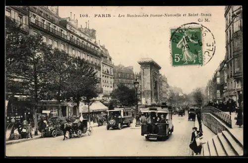 AK Paris, Les Boulevards Bonne-Nouvelle et Saint-Denis avec tramways et voitures