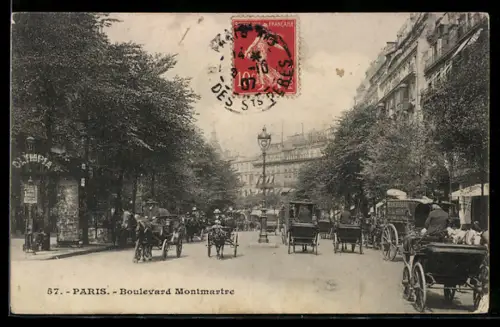 AK Paris, Boulevard Montmartre avec voitures à chevaux et animation urbaine