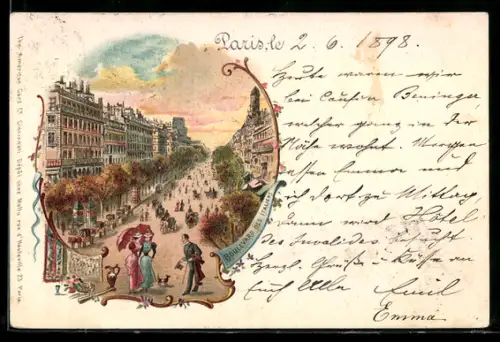 Lithographie Paris, Boulevard des Italiens animé avec promeneurs et voitures