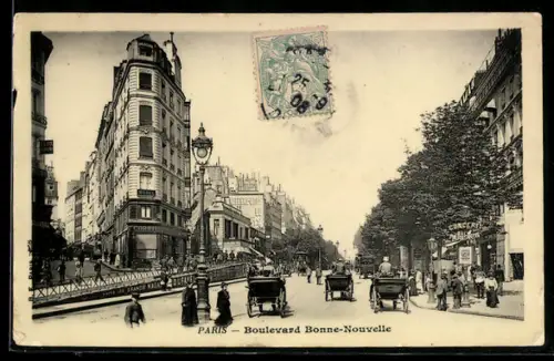 AK Paris, Boulevard Bonne-Nouvelle avec calèches et passants animés