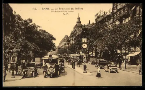 AK Paris, Le Boulevard des Italiens avec voitures et tramways animés