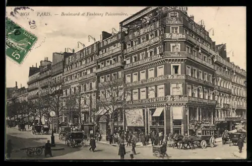 AK Paris, Boulevard et Faubourg Poissonnière avec animation urbaine et voitures à cheval