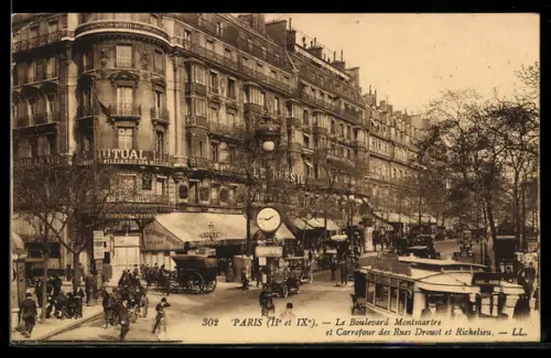 AK Paris, Le Boulevard Montmartre et Carrefour des Rues Drouot et Richelieu