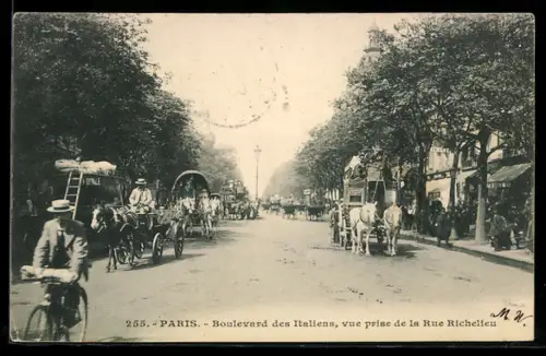 AK Paris, Boulevard des Italiens, vue prise de la Rue Richelieu