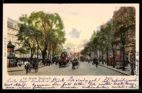 AK Paris, Les Grands Boulevards avec calèches et passants
