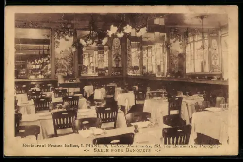 AK Paris, Salle pour banquets du Restaurant Franco-Italien, Galerie Montmartre, rue Montmartre