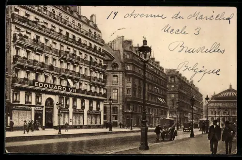 AK Paris, Rue de l`Opéra avec l`Hôtel Édouard VII et passants