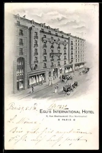 AK Paris, Egli`s International Hotel, 11, rue Bachaumont avec voitures à cheval et passants