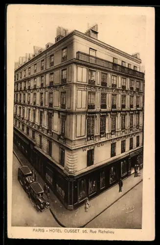 AK Paris, Hôtel Cusset, 95 Rue Richelieu, vue de l`édifice et voitures devant l`entrée