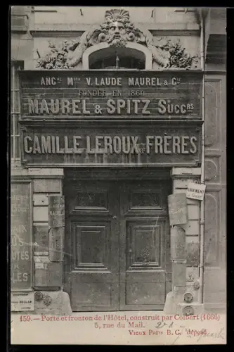 AK Paris, Porte et fronton de l`Hotel, construit par Colbert, 1666, 5, rue du Mail