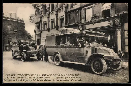 AK Paris, Départ d`un Circuit de l`Agence des Grands Voyages, 38 Boulevard des Italiens, Reisebusse