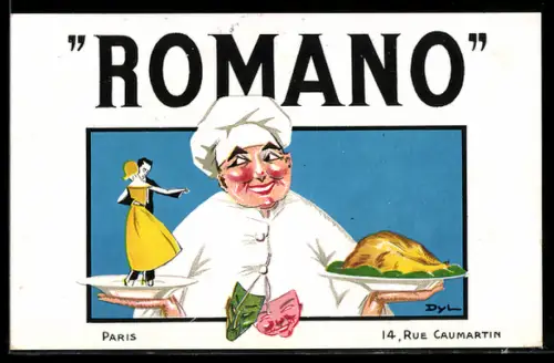 Künstler-AK Paris, Restaurant Romano, Koch serviert Tanzpaar u. Brathuhn, Hotel de la Grande-Bretagne, 14, Rue Caumartin