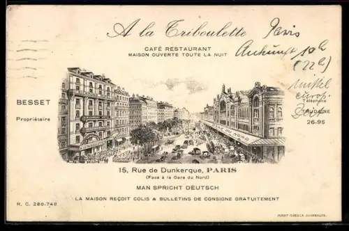 Künstler-AK Paris, Café-Restaurant A La Triboulette, 15, Rue de Dunkerque, Besset Propriétaire, Gare du Nord