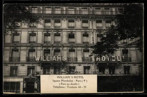 AK Paris, William`s Hotel, Square Montholon, Facade