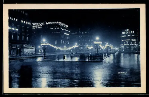 AK Paris, Place et Avenue de l`Opéra illuminées la nuit