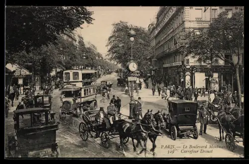 AK Paris, Le Boulevard Montmartre, Carrefour Drouot avec voitures et tramway