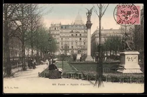 AK Paris, Square d`Anvers avec colonne et statue dans un cadre verdoyant