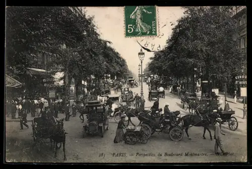 AK Paris, Perspective du Boulevard Montmartre avec calèches et passants animés