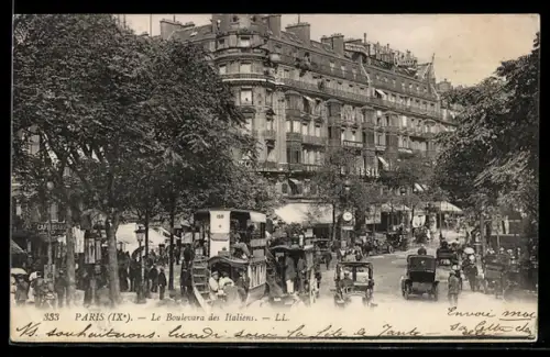 AK Paris, Le Boulevard des Italiens, animation urbaine et voitures en circulation