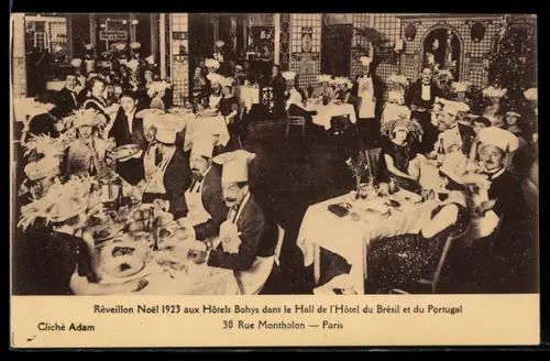 AK Paris, Réveillon Noël 1923 aux Hôtels Bohys dans le Hall de l`Hôtel du Brésil et du Portugal