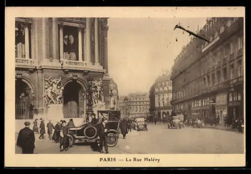 AK Paris, La Rue Halévy et l`entrée de l`Opéra animées par des voitures et des passants