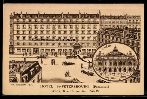 AK Paris, Hôtel St-Petersbourg et vue sur l`Opéra, rue Caumartin