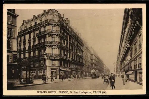 AK Paris, Grand Hôtel Suisse, Rue Lafayette animée