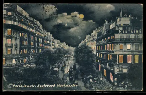 AK Paris, Boulevard Montmartre la nuit sous la lune