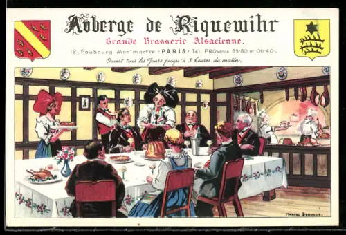 Künstler-AK sign. Marcel Derulle: Paris, Intérieur de l`Auberge de Riquewihr avec des convives en tenue alsacienne