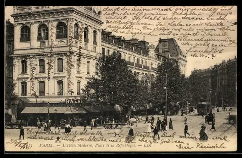 AK Paris, L`Hôtel Moderne, Place de la République, Strassenbahn
