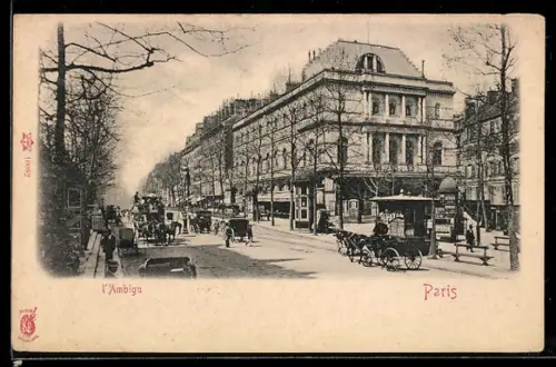 AK Paris III, Theatre L`Ambigu, Kutschen, Leute um 1900