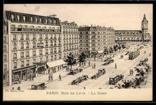 Künstler-AK Paris, Adriatic Hotel, Rue de Lyon, La Gare, Strassenbahn
