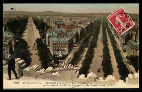 AK Paris, Panorama pris de l`Arc de Triomphe sur les Avenues du Bois de Boulogne et de la Grande Armée
