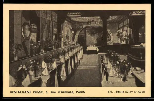 AK Paris, Intérieur du Restaurant Russe, Rue d`Armaillé 6, élégante salle à manger décorée de fleurs