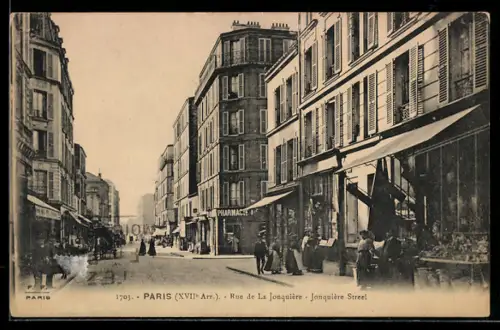 AK Paris, Rue de La Jonquière animée avec commerces et passants