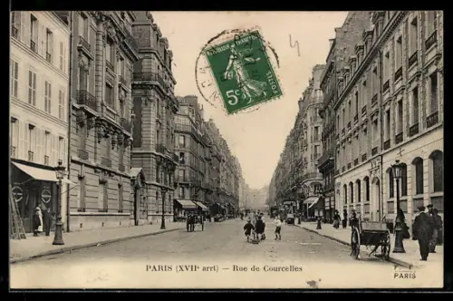 AK Paris, Rue de Courcelles, scène animée avec passants et bâtiments historiques