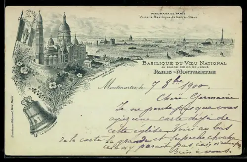 Lithographie Paris-Montmartre, Panorama de la Basilique du Sacré-Coeur et vue de Montmartre