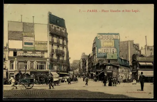 AK Paris, Place Blanche et Rue Lepic avec publicités et calèche
