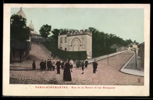 AK Paris-Montmartre, Rue de la Bonne et rue Becquerel mit Sacré-Coeur im Hintergrund