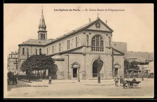AK Paris, Notre-Dame de Clignancourt, facade de l`église avec passants et calèche