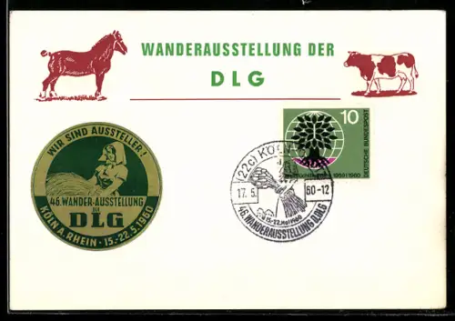 AK Köln a. Rhein, 46. Wanderausstellung der D.L.G., Magd mit Stroh, Pferd und Kuh
