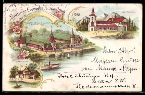 Lithographie Berlin, Gewerbe-Ausstellung 1896, Alpen-Panorama, Gebäude für Nahrungs u. Genussmittel, Fischerei u. Sport