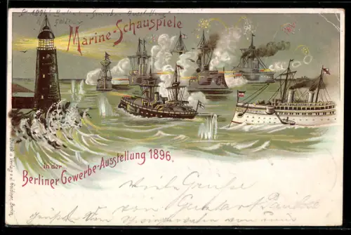 Lithographie Berlin, Marine-Schauspiele in der Gewerbe-Ausstellung 1896