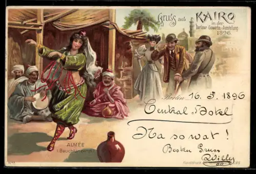Lithographie Berlin, Gewerbe-Ausstellung 1896, Kairo, Bauchtänzerin Almee
